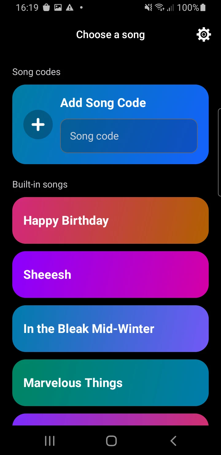 Howli on Android: Choose a song, with Add Song Code and built-in song choices