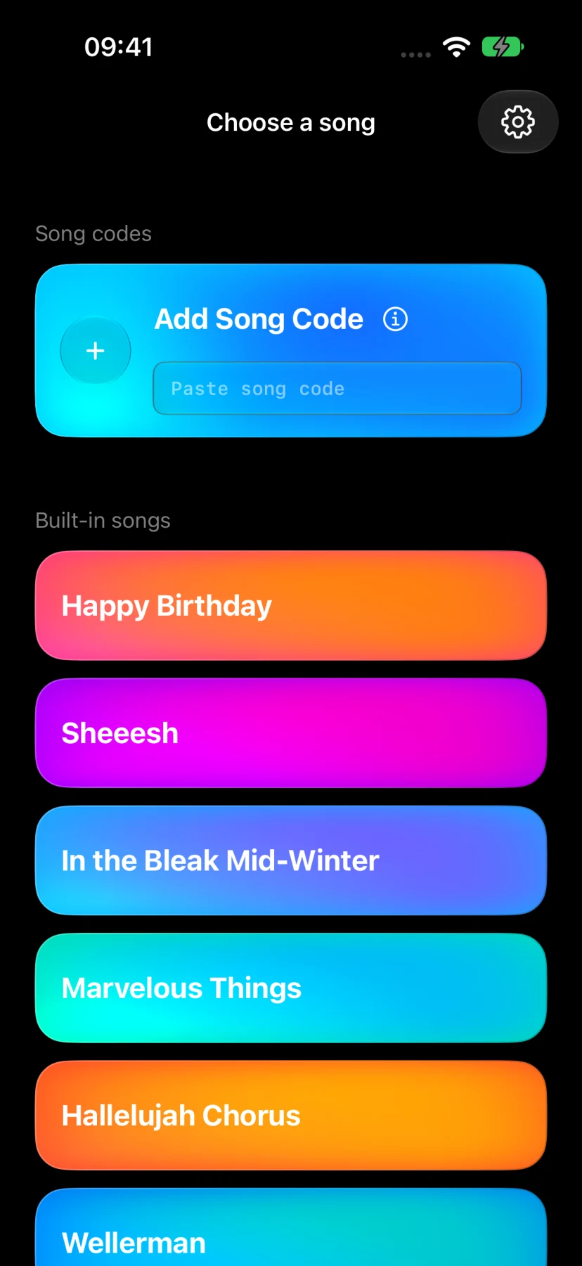 Howli on iPhone: the Add Song Code field at the top of Choose a song