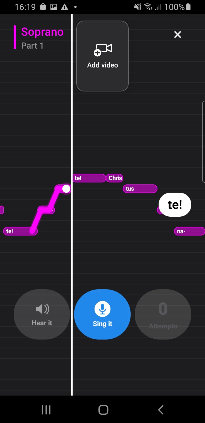 Howli on Android: a recorded pitch trace follows the Soprano notes, with Hear it, Sing it and Attempts controls