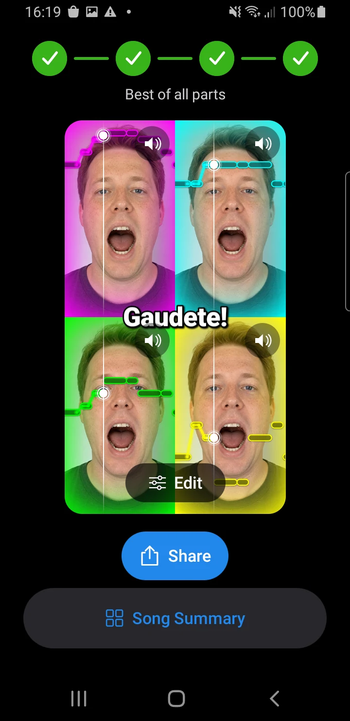 Howli on Android: four recorded vocal videos in Best of all parts, with Edit and Share controls