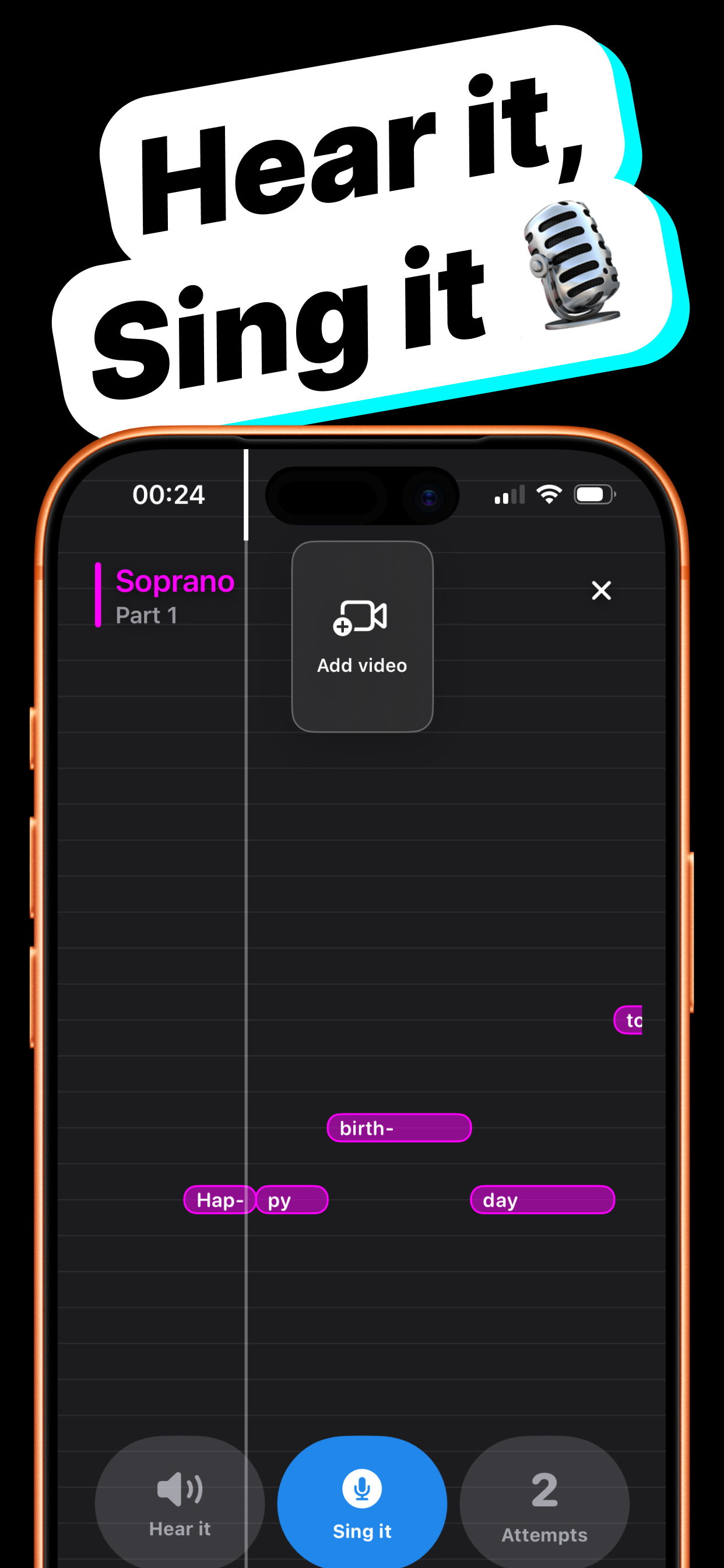 Howli practice screen with hear it and sing it controls