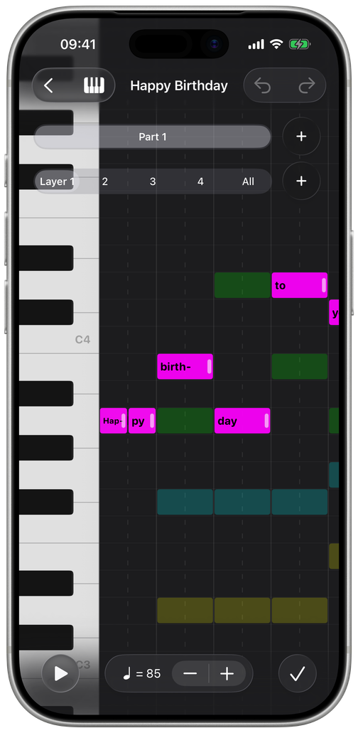 Howli’s iPhone song editor displaying pitch and lyric blocks for a custom harmony song