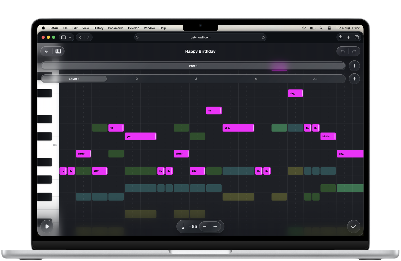 Howli’s free browser song editor with pitch and lyric blocks for four vocal parts
